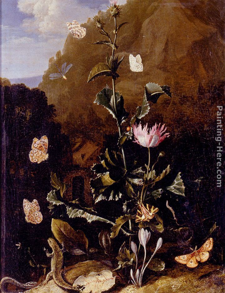 Otto Marseus Van Schrieck Still Life Of A Thistle And Other Flowers Surrounded By Moths, A Dragonfly, A Lizard, And A Snake, In A Landscape